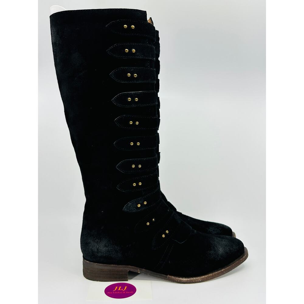 Jeffrey Campbell Women's Clampett Black Suede Military Steampunk Boots Size 8.5